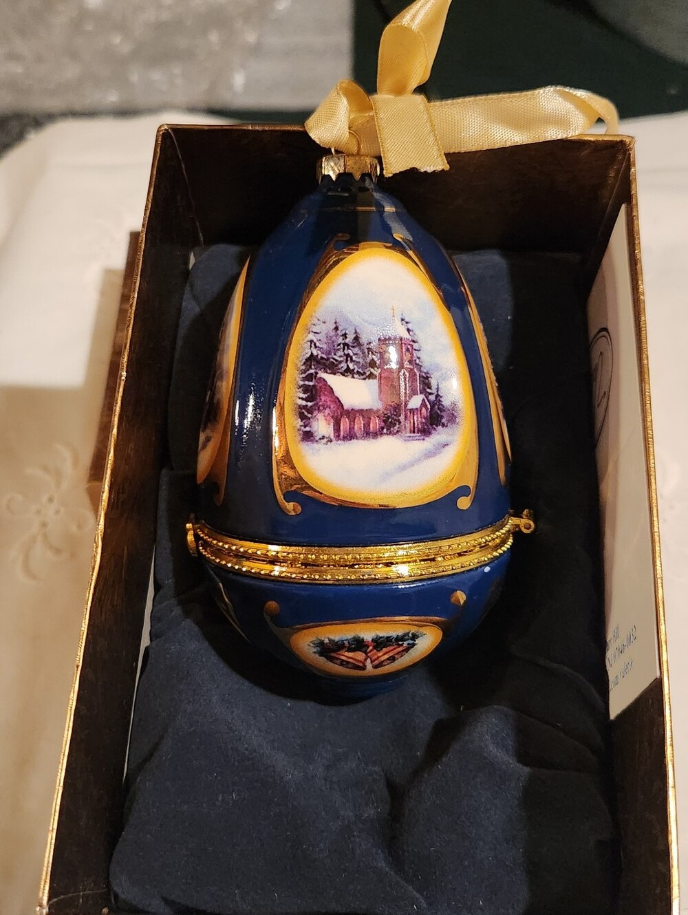 Porcelain Lidded Egg Trinket Box Angel Design White Blue Gold in Box New